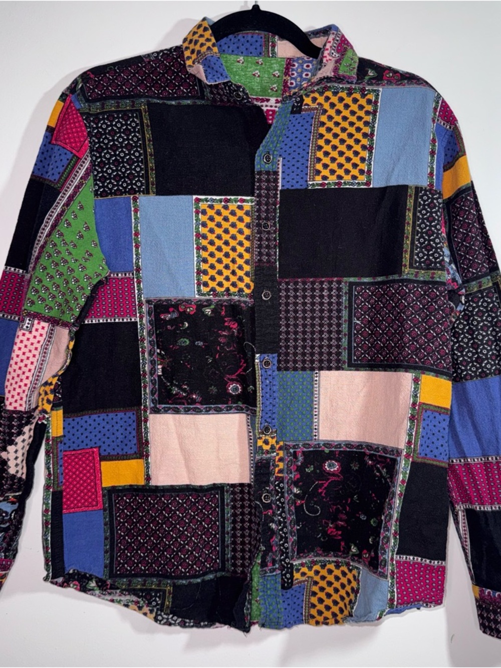 Lucmatton Patchwork Button Front Shirt Multicolor Boho Artsy Cottagecore Size M